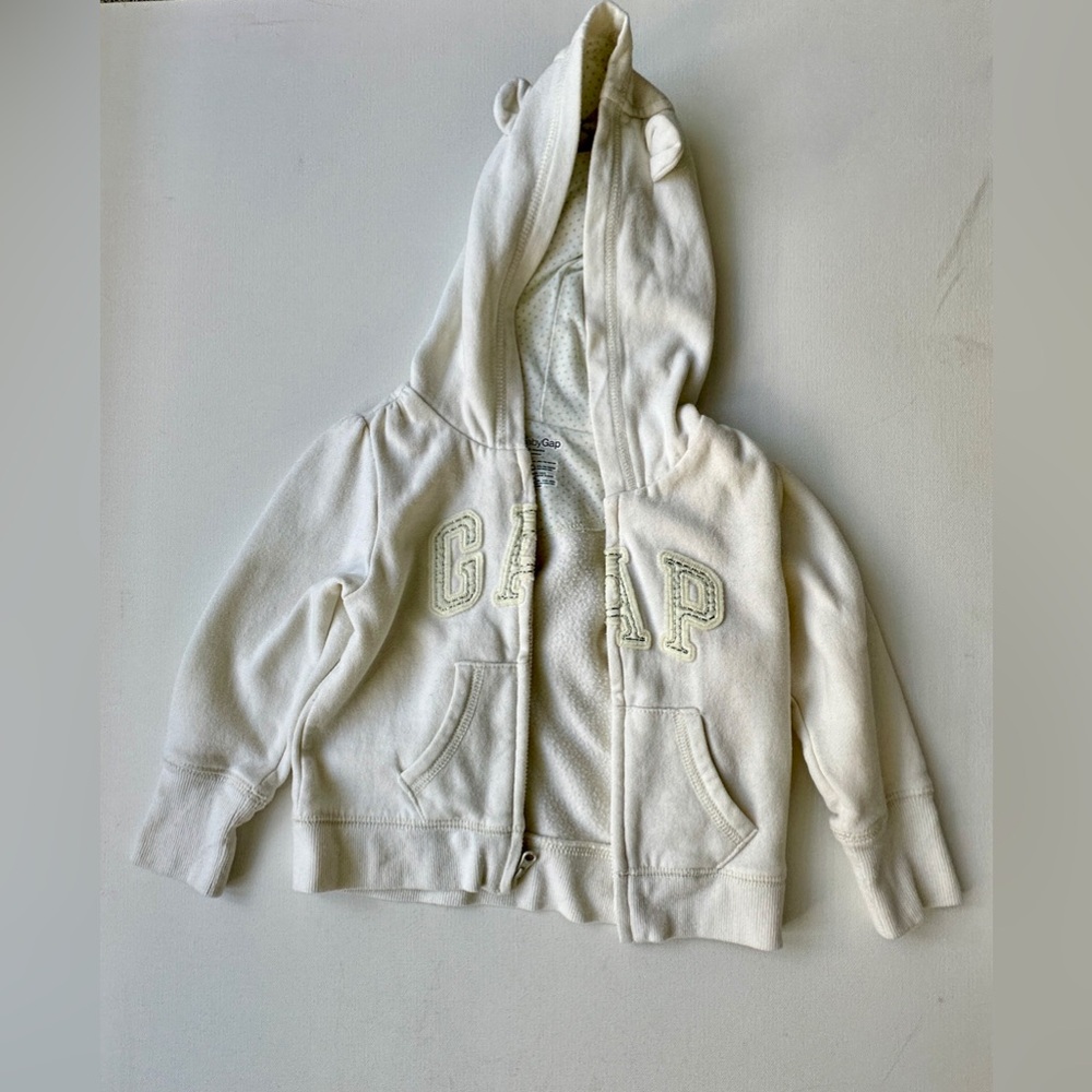 Baby Gap girl’s bear hoodie. Bear ears and shimmery letters. Size 18-24M.